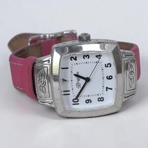 Brighton Orchard Square Watch Pink Leather Silver Quartz New Battery Retired 7"